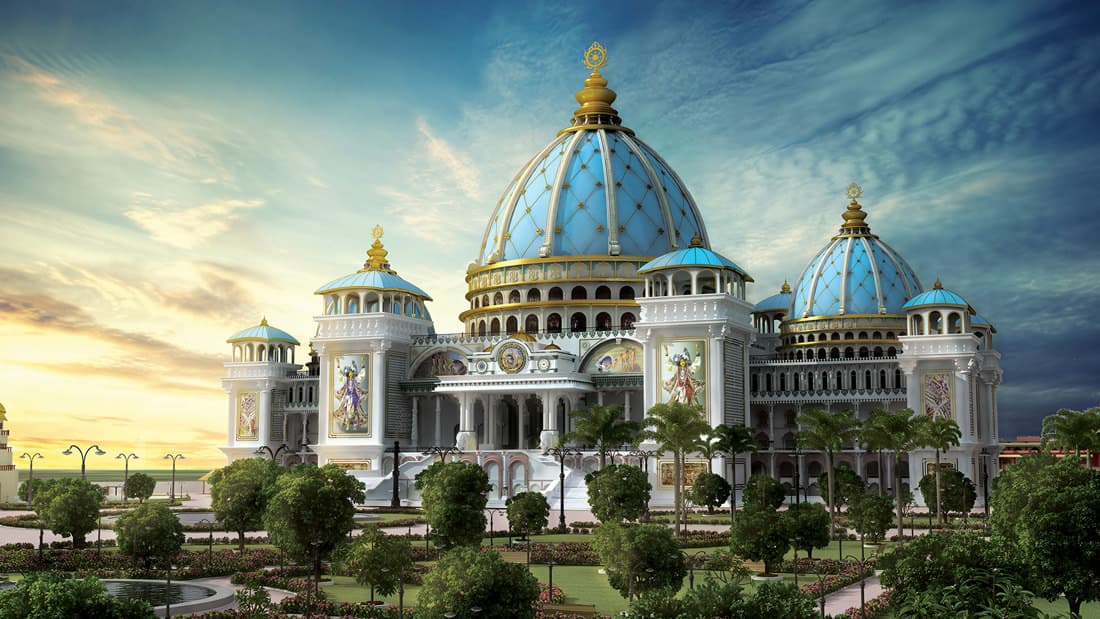 The Temple of the Vedic Planetarium at sunset